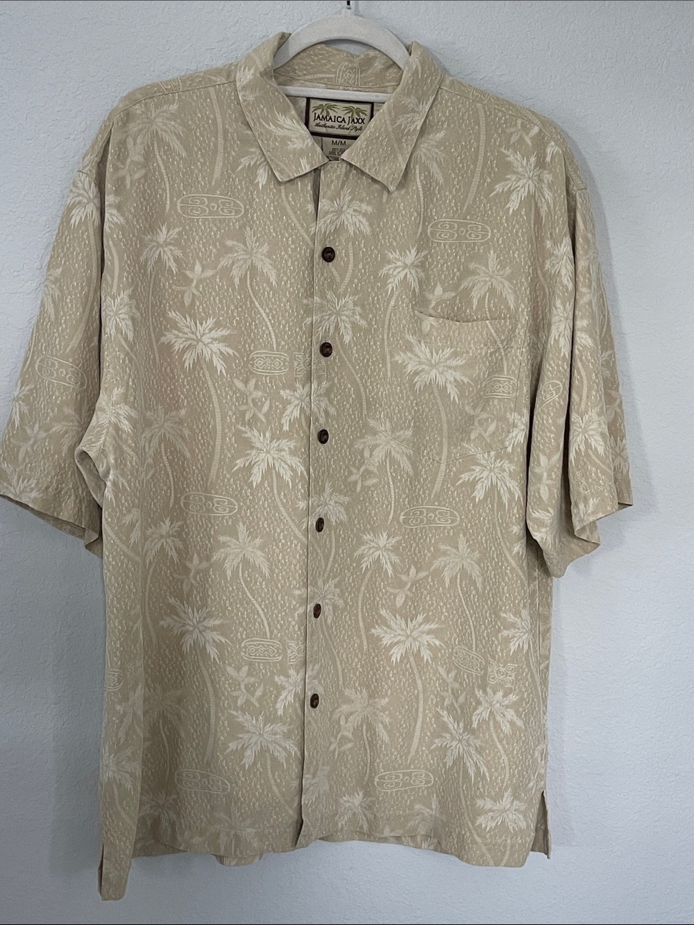 Jamaica Jaxx 100% Silk Hawaiian Camp Shirt‎ Beige Palm Tree Print Men’s Medium